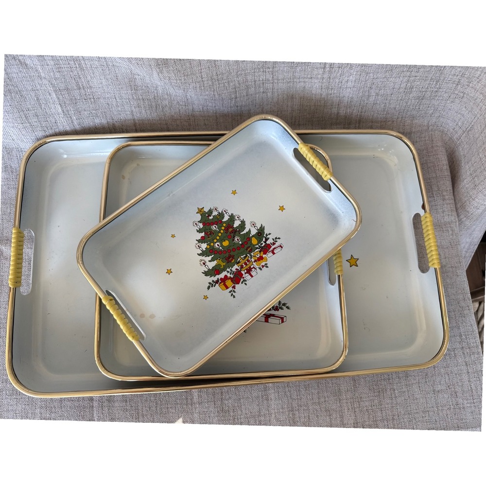 Vintage 3pc Christmas Tree Lacquerware Serving Tray Set Japan Gold Trim